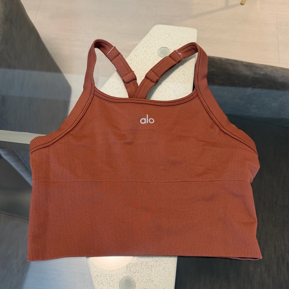 ALO Yoga Ribbed Crop Sports Bra Tank — Rust Brown